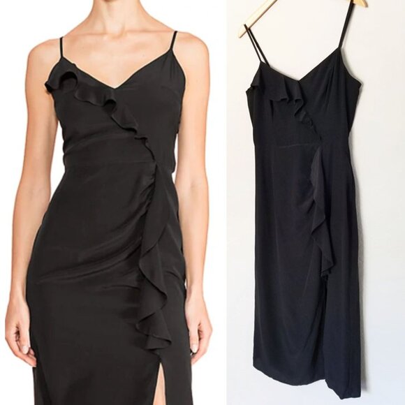 Parker 100% Silk Ellender Ruffle Slit Midi Dress Sz 6 Black Slip Asymmetric $378 - Picture 3 of 12